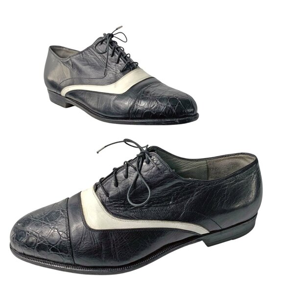 Lorenzo Banfi Black with White Leather‎ Embossed Cap Toe Dress Oxfords - Picture 12 of 12